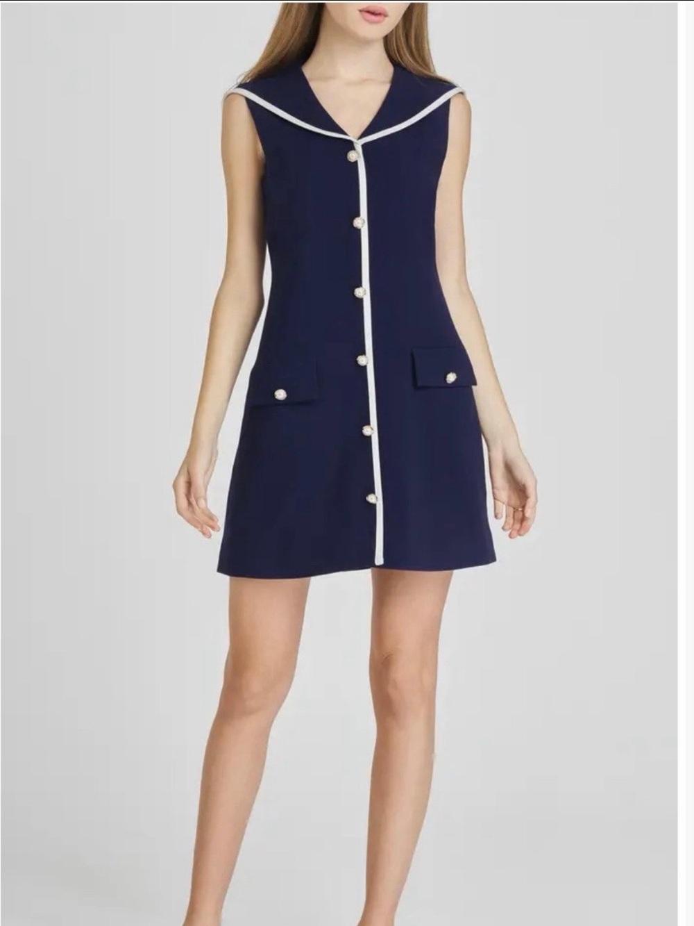 WAYF blue pearl button shirt dress with white stripe detail